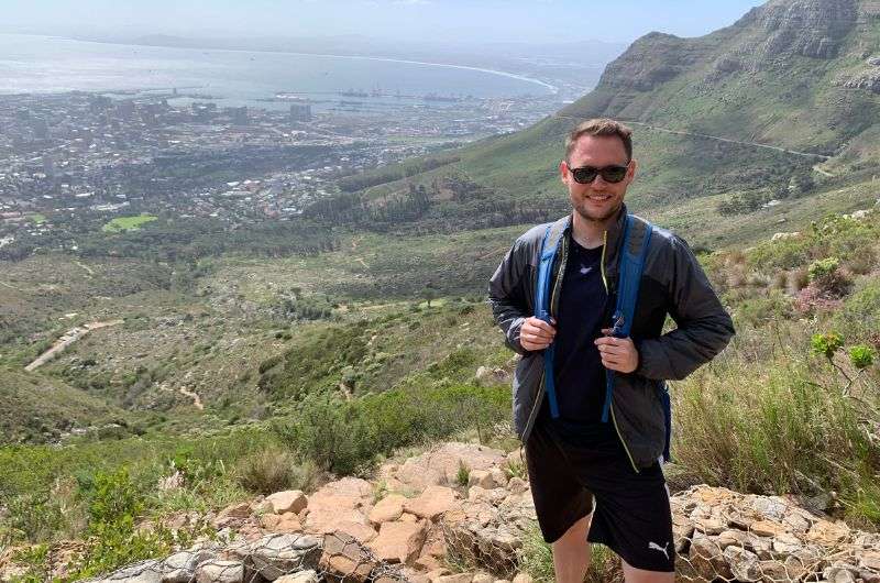 A tourist visiting Table Mountain in South Africa