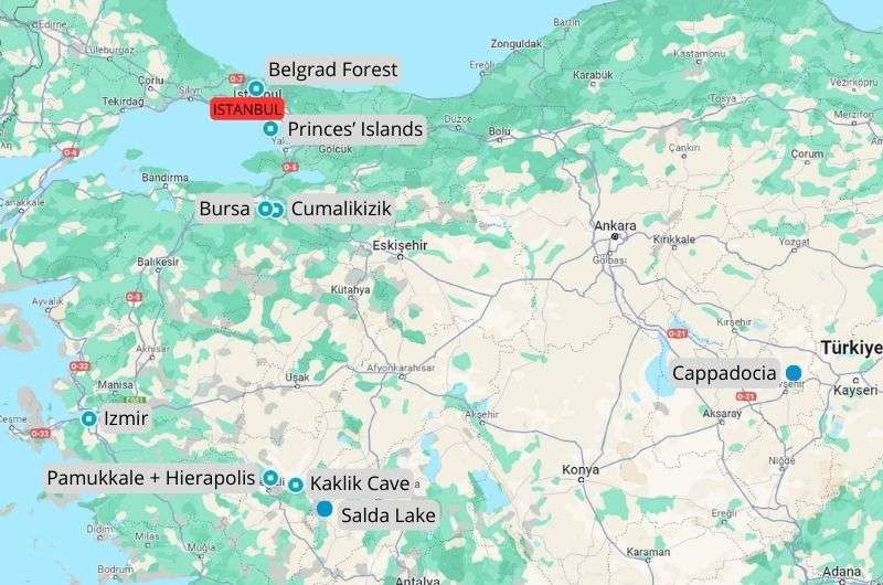 A map showing the best weekend and day trips from Istanbul, Turkey