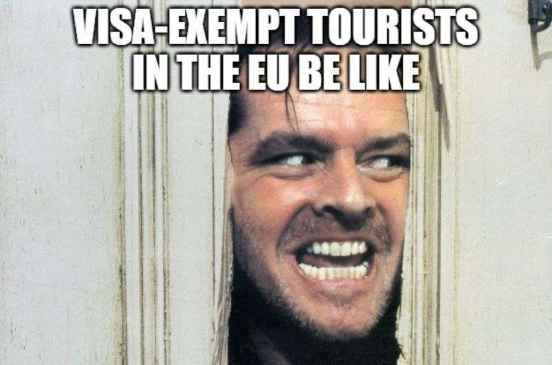 Meme “Here’s Johny” about tourists arriving in the EU with just their passports