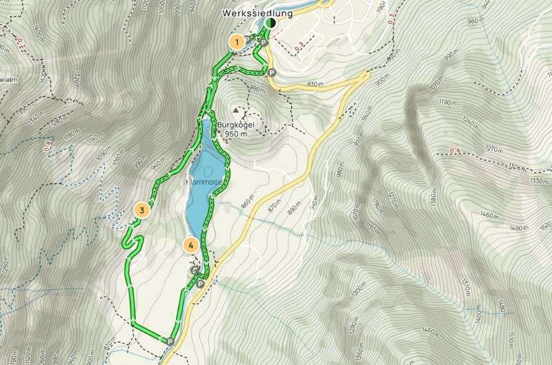 A map showing the hiking trail to the Sigmund Thun Klamm Waterfall, hiking trails in Austria