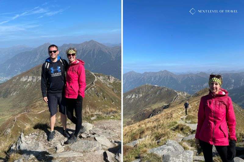 Couple enjoying panoramic views on a sunny day hike in the Austrian Alps near Innsbruck, one of the best and easy hikes in Austria, photo by Next level of travel