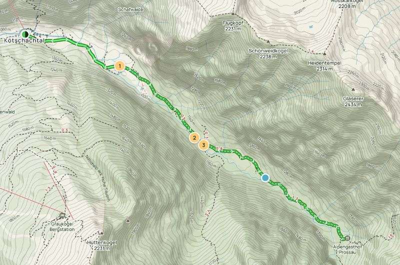 Map of a hike from Kötschachtal to Alpengasthof Prossau.