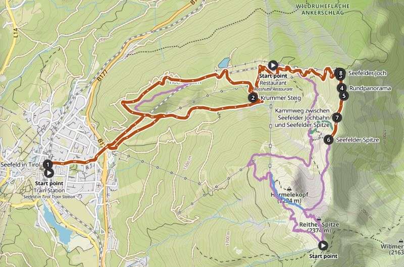 Map of a hike from Seefeld in Tirol to Seefelder Spitze.