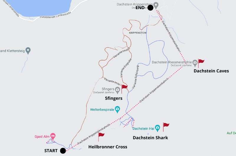 Map of a hike from the top (Obertraun) to Dachstein Krippenstein, Austria