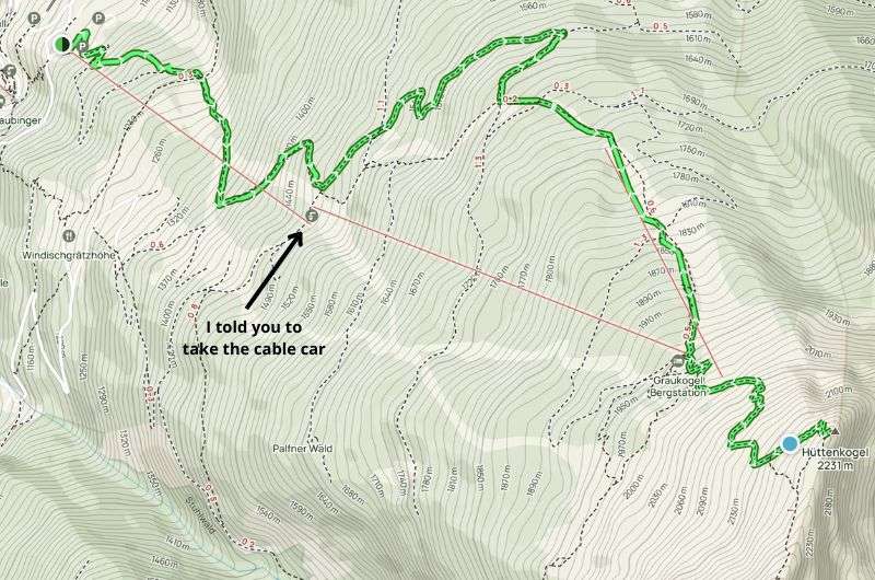 Map of the hike from Bad Gastein to Graukogel in Austria