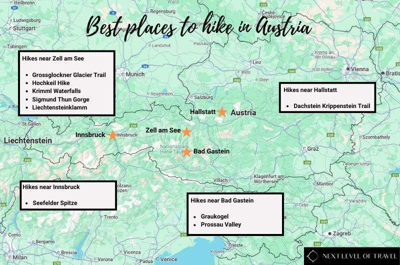 Map showing the best places to hike in Austria and lists of hiking trails, map by Next Level of Travel