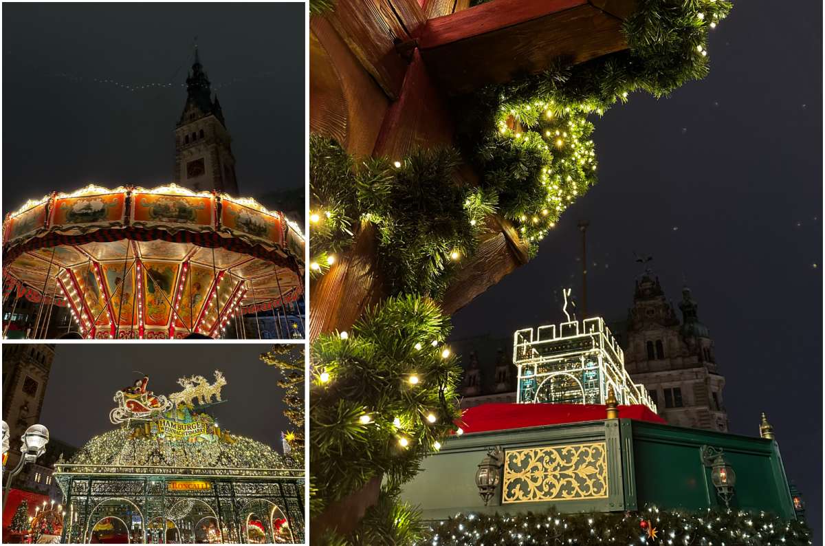 Collage of Hamburg Christmas market at night—includes a lit-up carousel, festive entrance sign with Santa’s sleigh, and close-up of holiday decorations, photo by Next Level of Travel