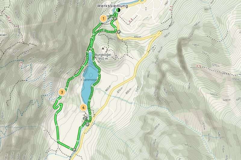 A map showing the hiking trail to the Sigmund Thun Klamm Waterfall, hiking trails in Austria 