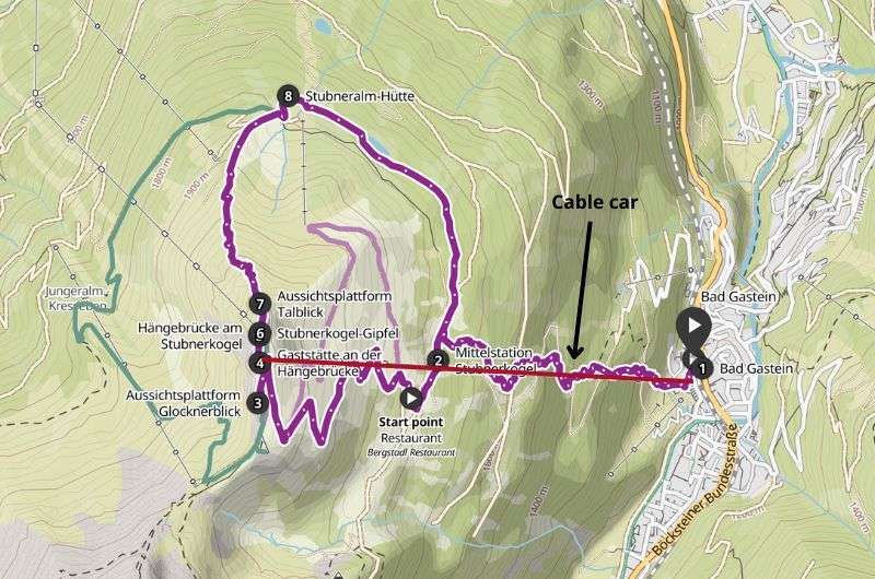 Map of hike from Bad Gastein to Stubnerkogel