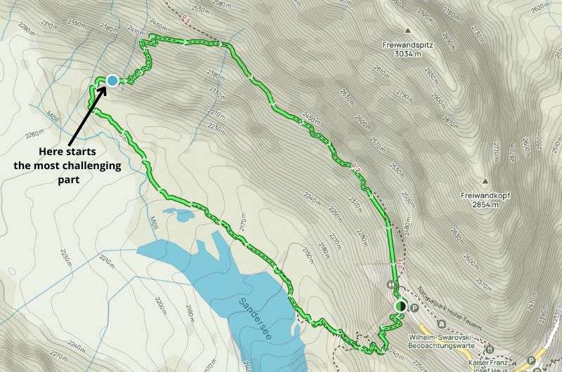 Map of the hiking trail in Grossglockner from Kaiser Franz Joseph Höhe to Pasterze, Austria 