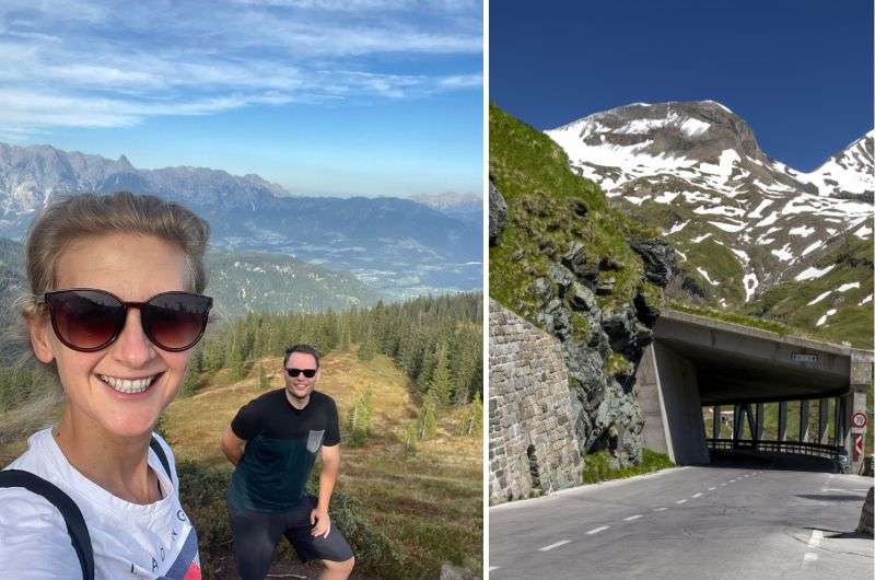 view of the tunnel in the mountains in Grossglockner and couple taking a selfie in the mountains, Austria, photo by Next level of travel