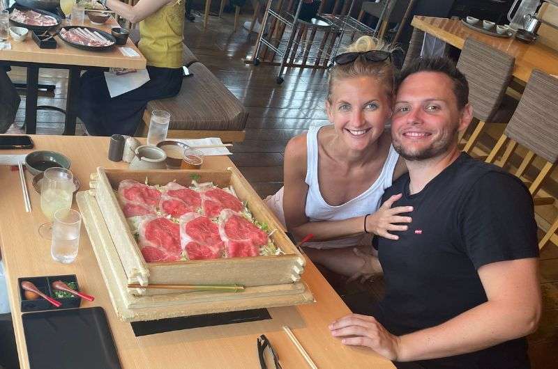 Eating Shabu Shabu in restaurant in Japan