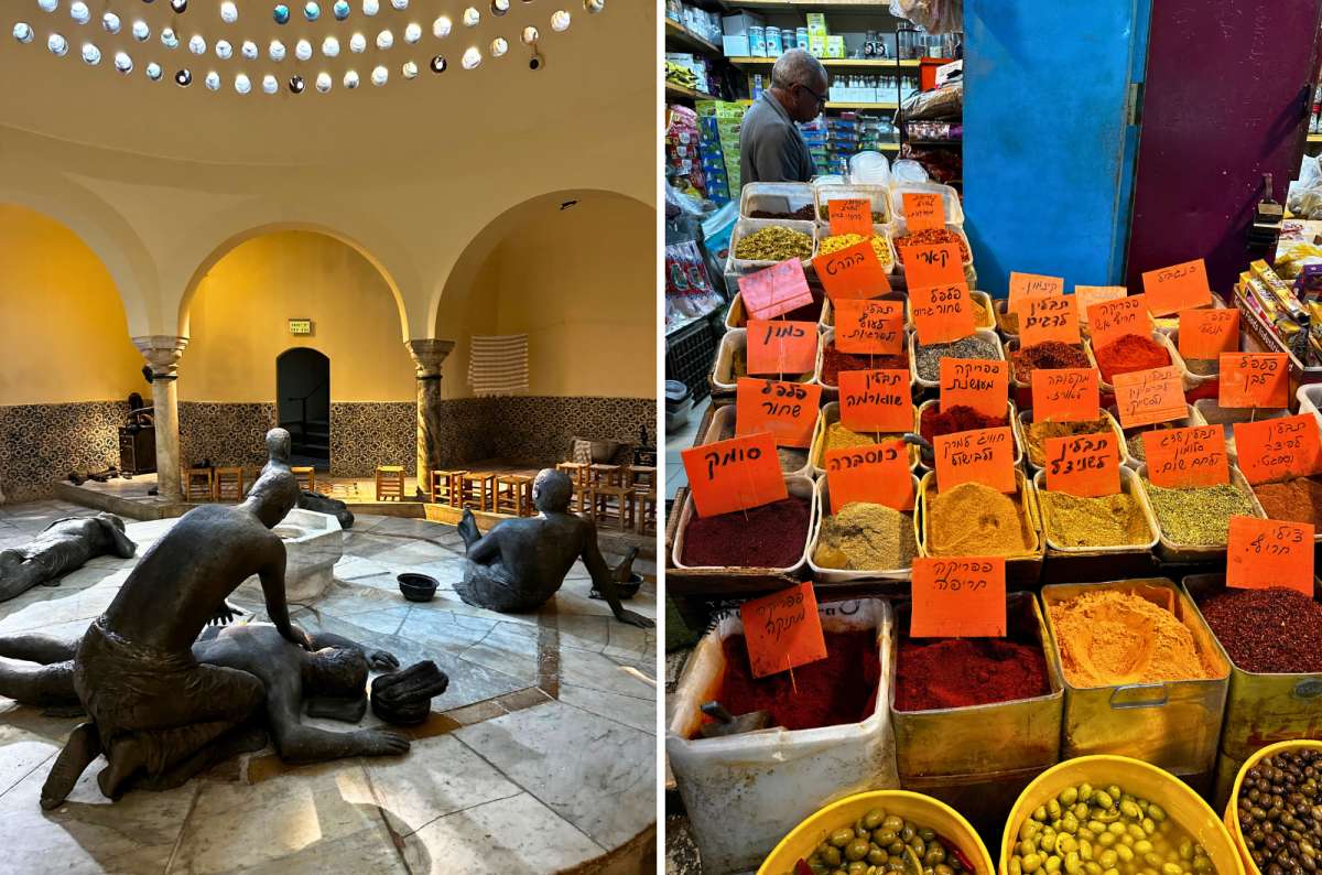 Interior of the historic Turkish Bath Hammam Al-Pasha in Akko, Israel, alongside a colorful spice stall in Akko’s Old City market, photo by Next Level of Travel