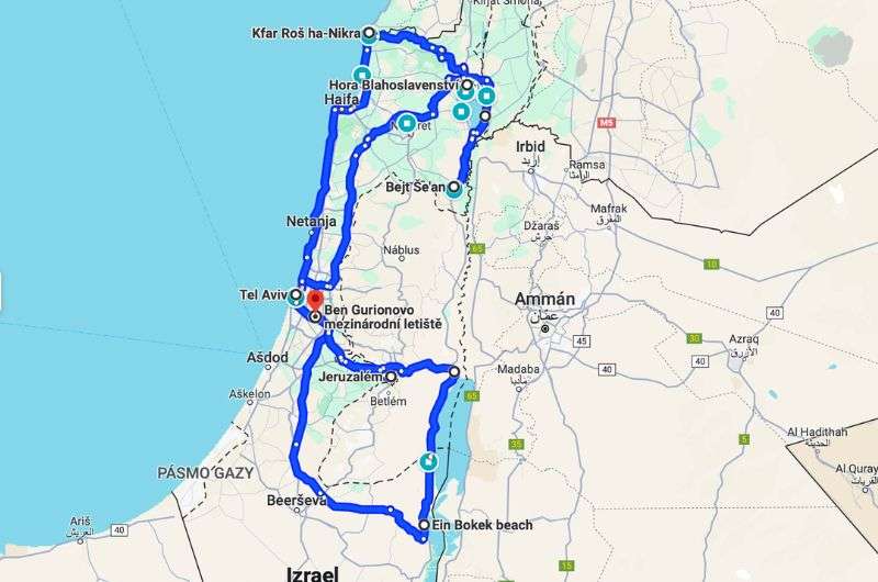 Map of seventh day of itinerary in Israel