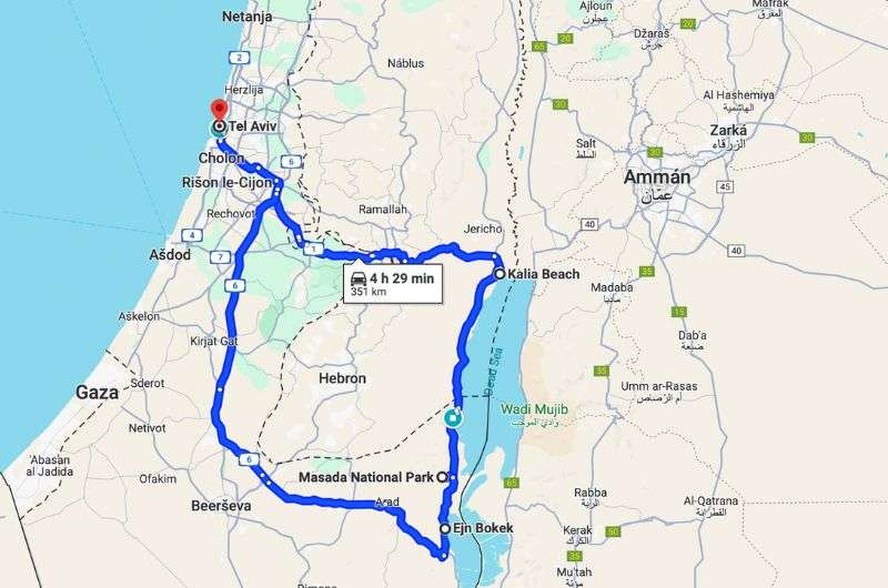 Map of the fifth day of the itinerary in Israel