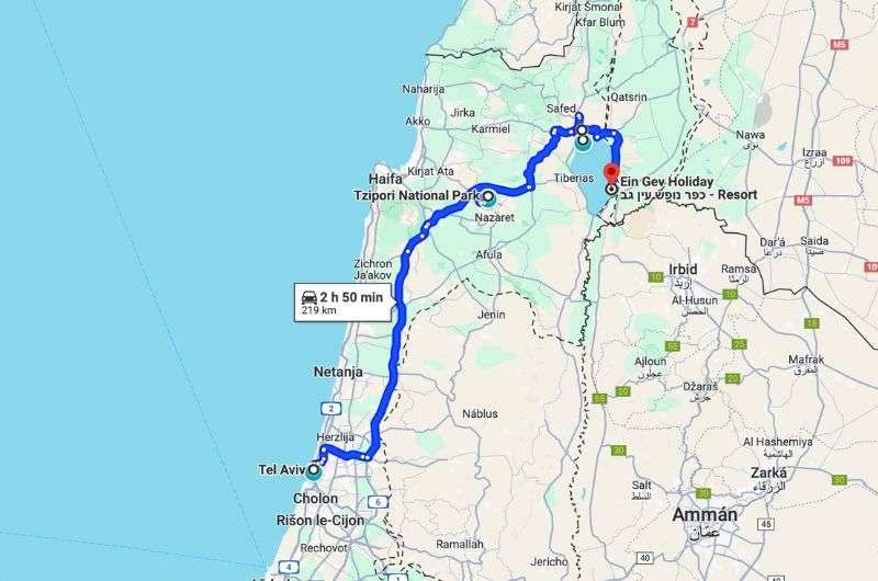 Map of the first day of itinerary in Israel