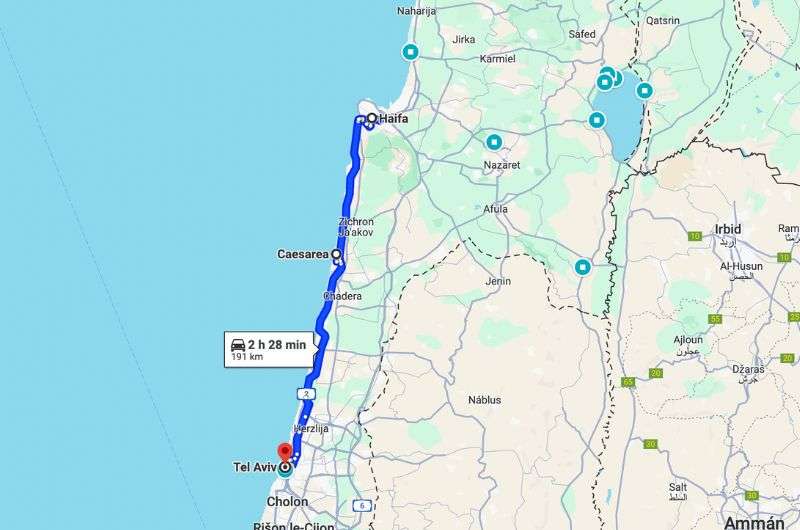 Map of the fourth day of the itinerary in Israel