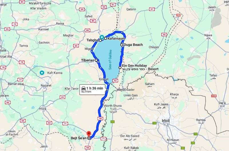 Map of the second day of itinerary in Israel