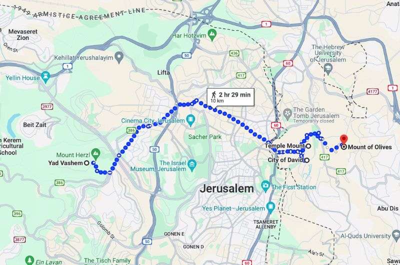 Map of the sixth day of the itinerary in Israel.