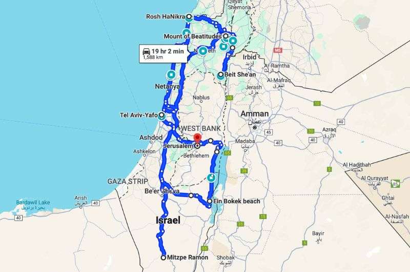 Map of the tenth day of the itinerary in Israel.
