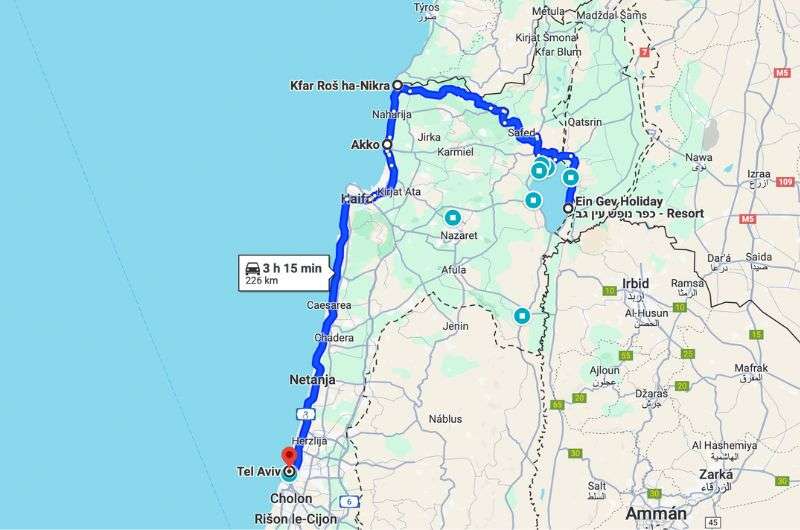 Map of the third day of the itinerary in Israel