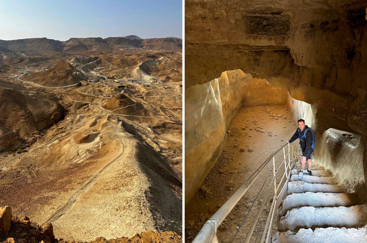 Panoramic view of the desert cliffs and archaeological remains of Masada, Israel, alongside a visitor descending stone steps inside an ancient cave chamber, photo by Next Level of Travel
