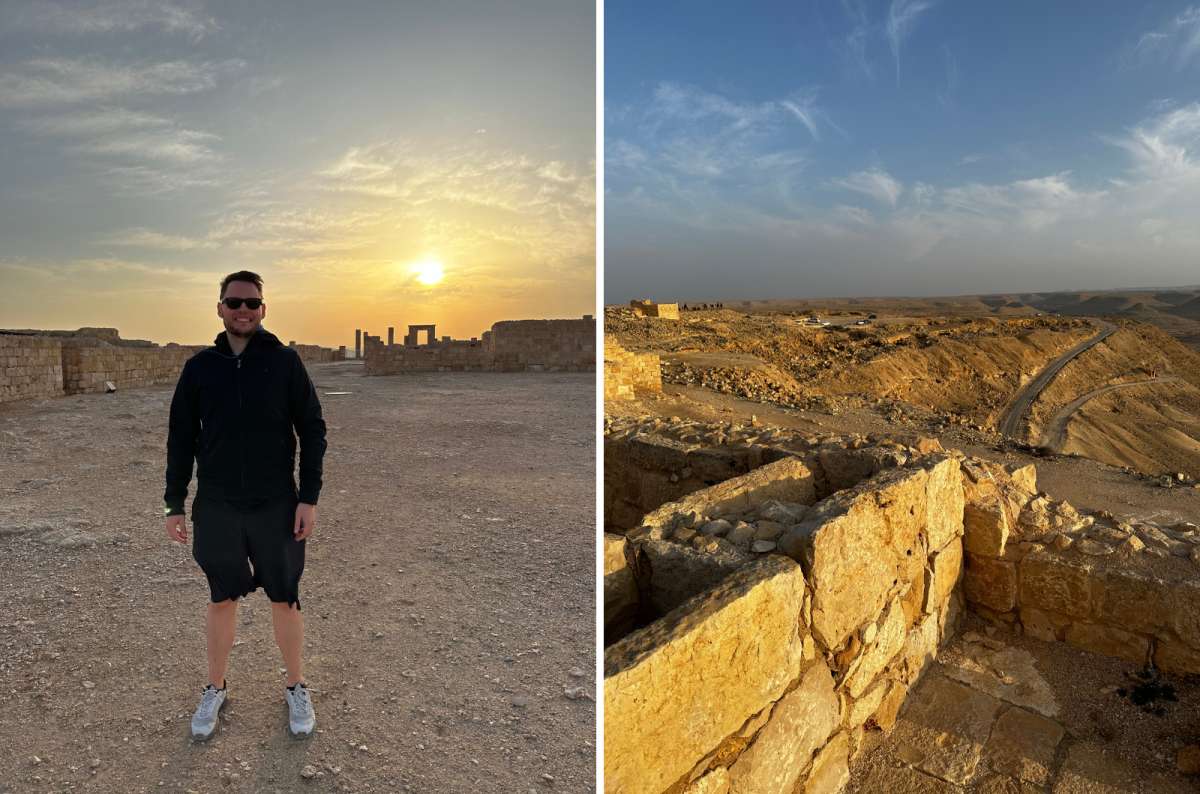 Visitor exploring the ancient stone ruins of Avdat National Park at sunset with desert landscapes, Israel, photo by Next Level of Travel