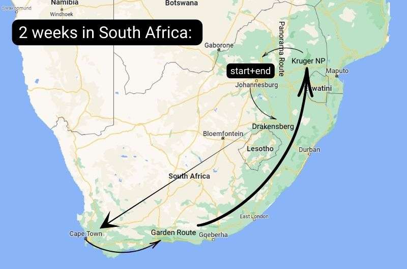 A map showing the route of this 2-week South Africa itinerary