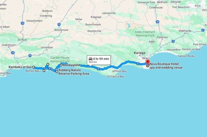Map of 3rd day on the Garden Route, South Africa 2-week itinerary