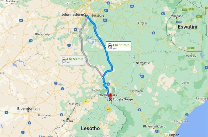 Map of first day of South Africa itinerary from Johannesburg to Drakensberg