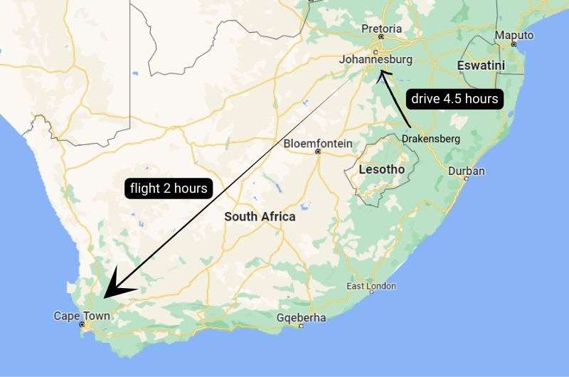 Map of route from Drakensberg to Cape Town, next stop on South Africa itinerary Easy peasy! 