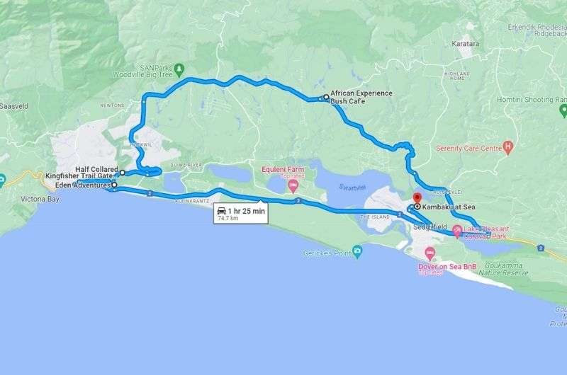 Map of the 2nd day on the Garden Route, South Africa itinerary
