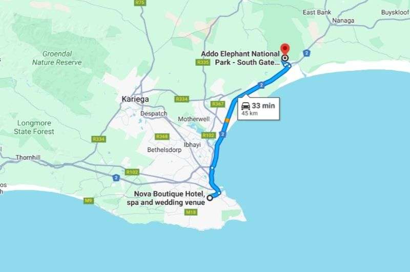 Map showing route to Addo Elephant Park in SOuth Africa