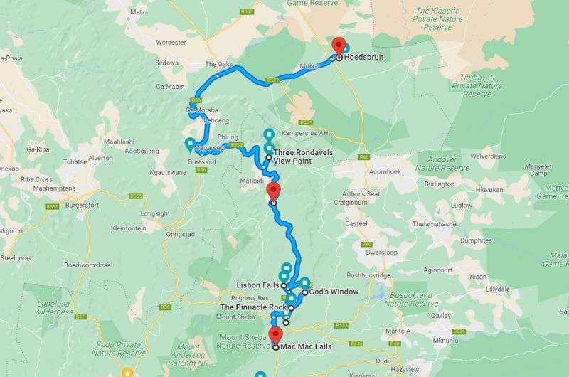 Map showing the Panorama Route in SOuth Africa