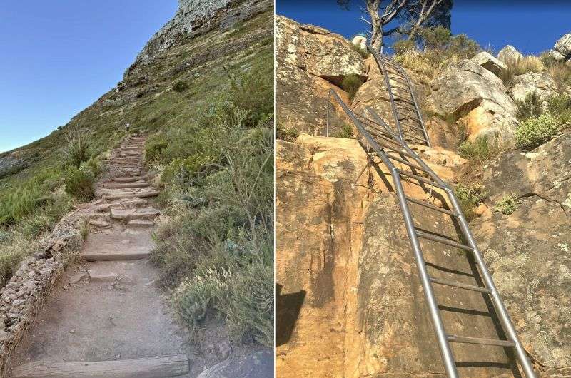Photos of the trail and ladders on the Lion’s Head hike, Cape Town