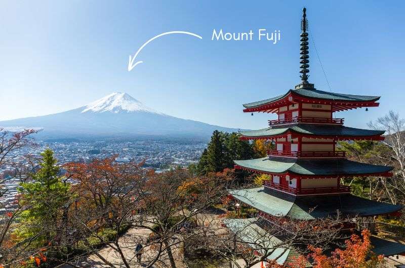 Chureito Pagoda in Japan with Mt. Fuji clearly in the background