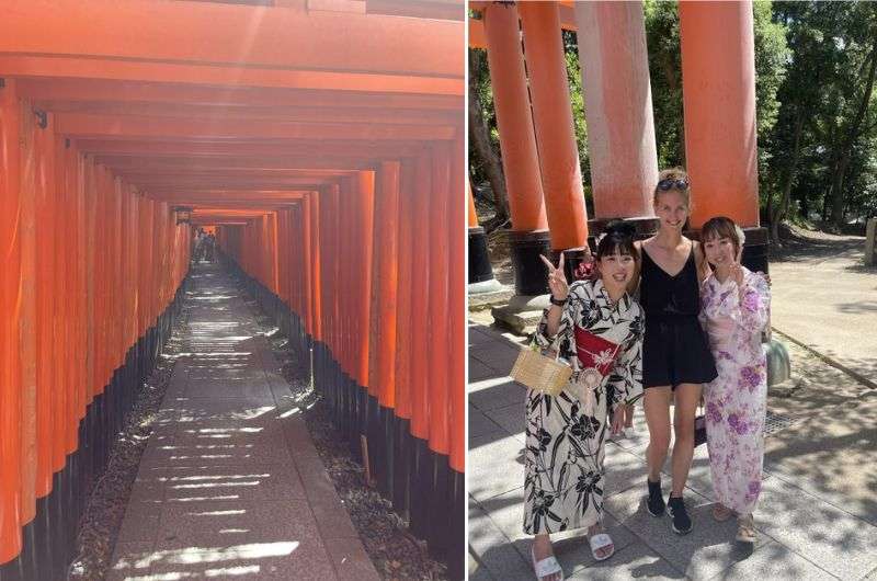 Torii gates and kimono-wearing women at Fushimi Inari Shrine in Kyoto in Japan