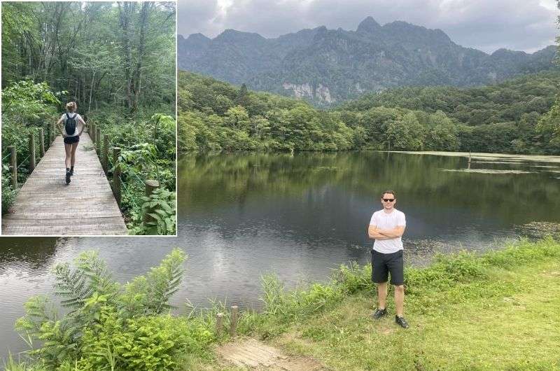 Walking the side trail to Kagamiike Lake at Togakushi, Japan