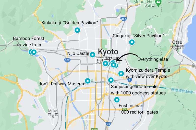 Map showing all the best unique attractions in Kyoto, Japan