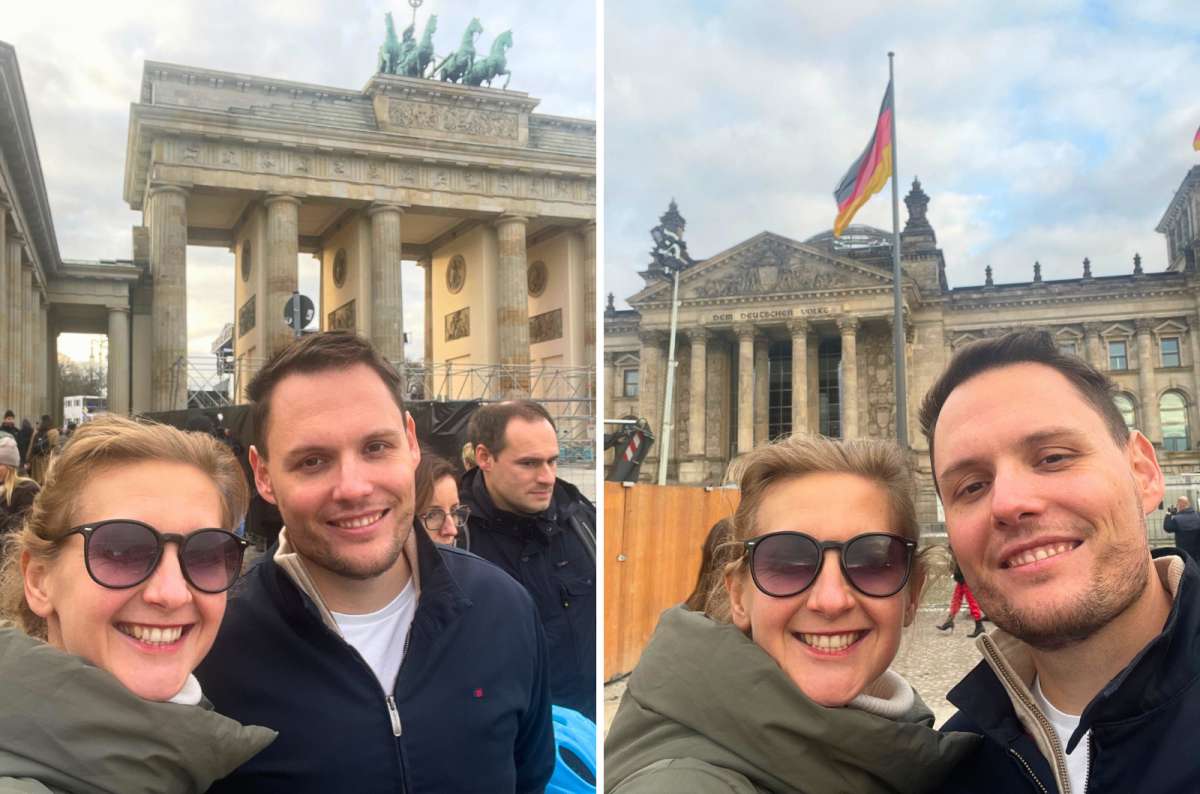 Collage of a couple posing in front of the Brandenburg Gate and the Reichstag in Berlin, Germany, photo by Next Level of Travel