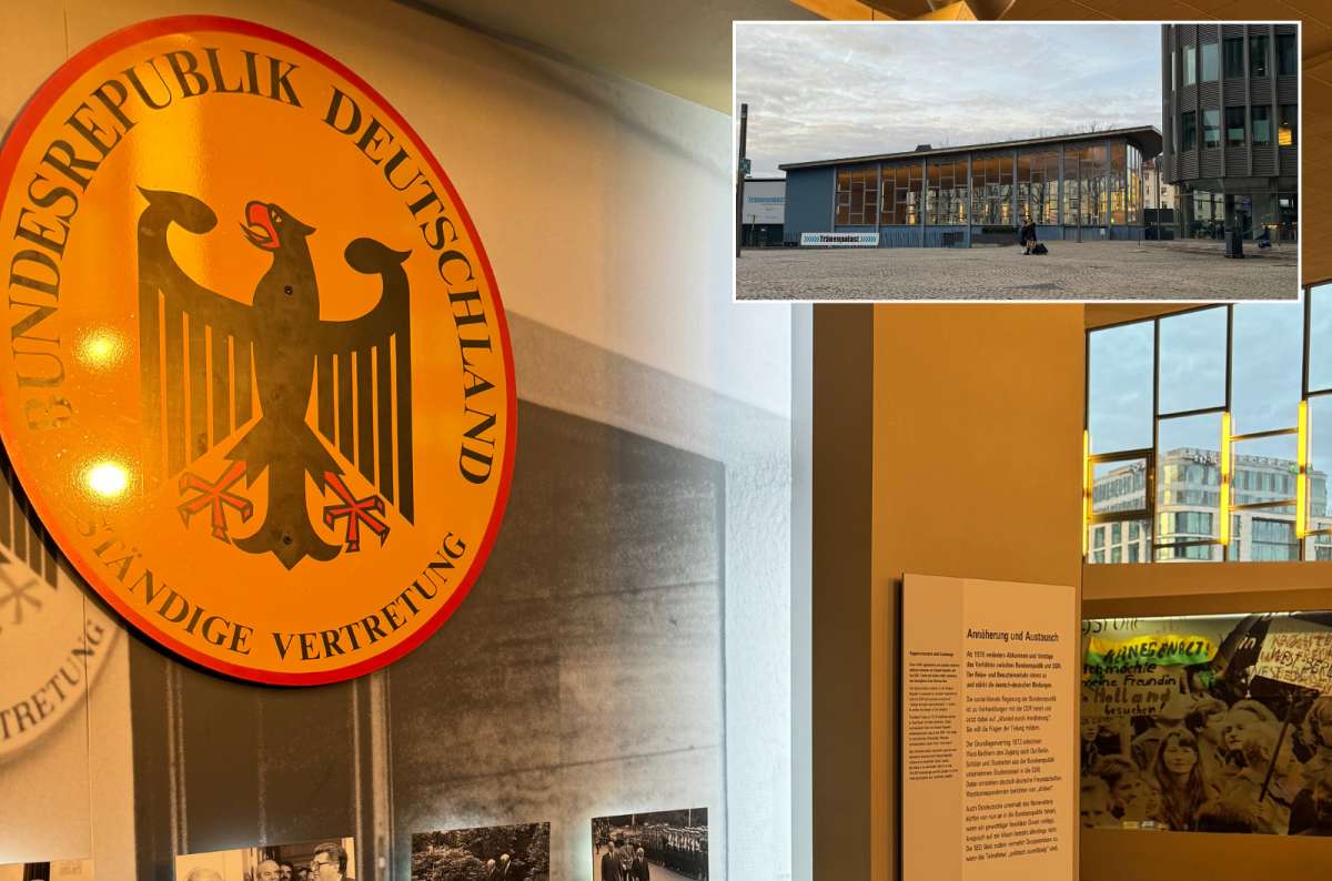 Exhibit inside Berlin’s Tränenpalast showing the West German emblem and a display on East-West German relations, photo by Next Level of Travel