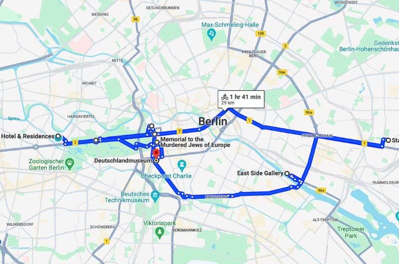 Map of the first day of itinerary in Berlin