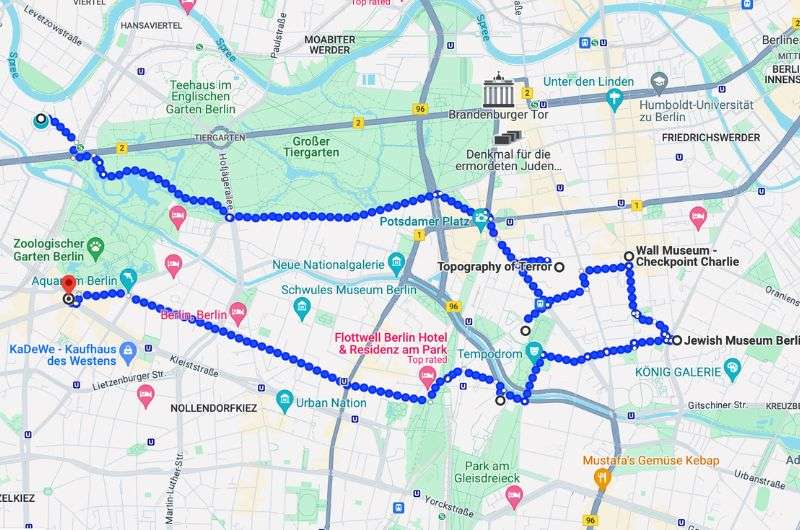 Map of the second day of itinerary in Berlin.