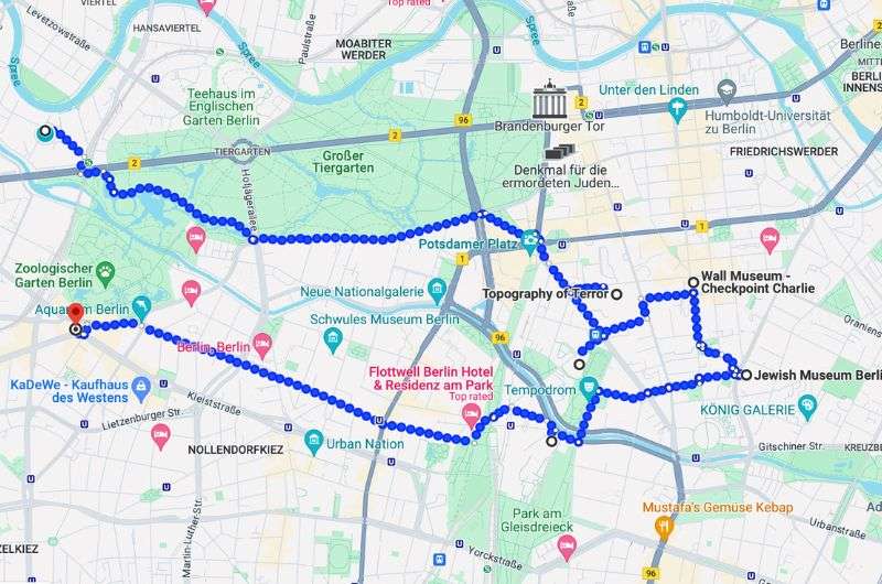 Map of the second day of itinerary in Berlin.