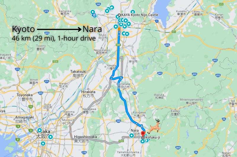 A map showing the route from Kyoto to Nara, Japan