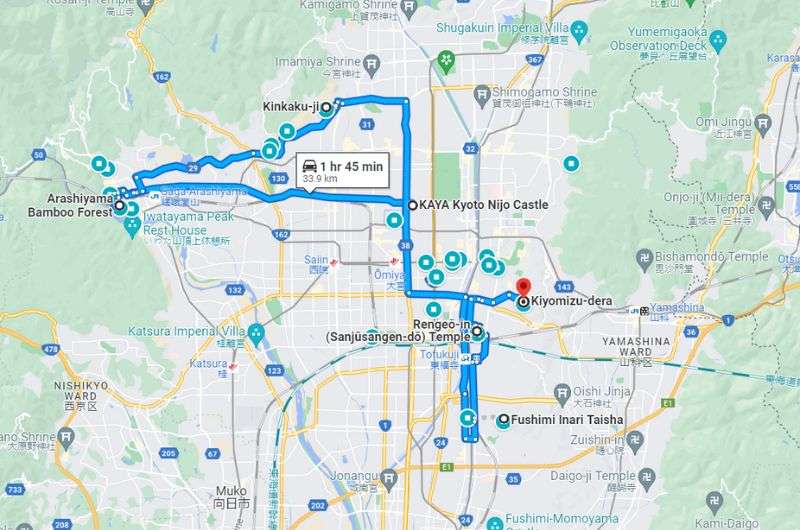 Map of Kyoto itinerary day 1, outer city