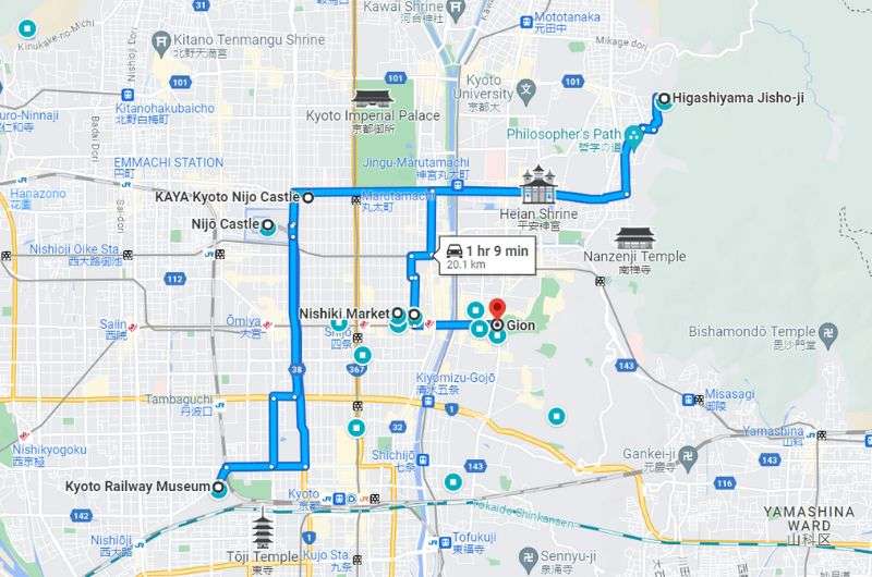 Map of Kyoto itinerary day 2, inner city