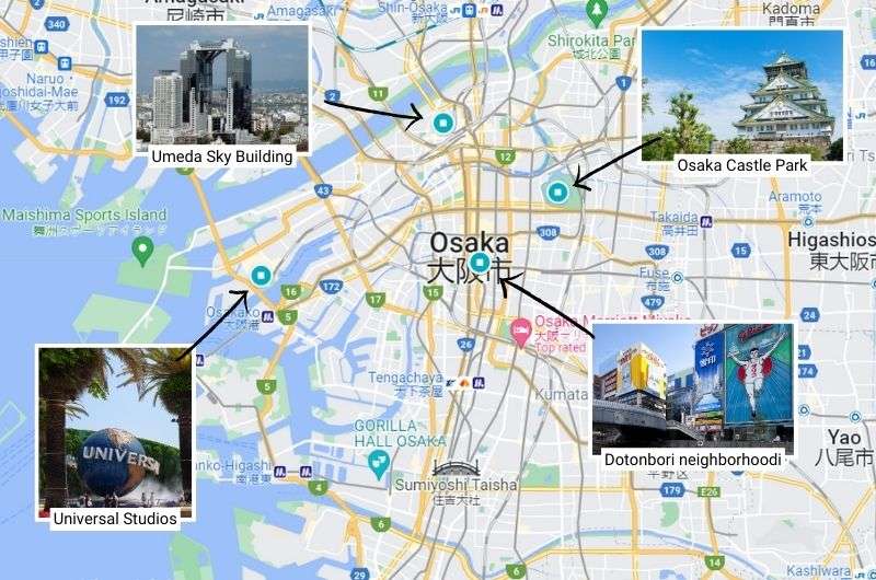 Map showing the top things to do in Osaka, Japan