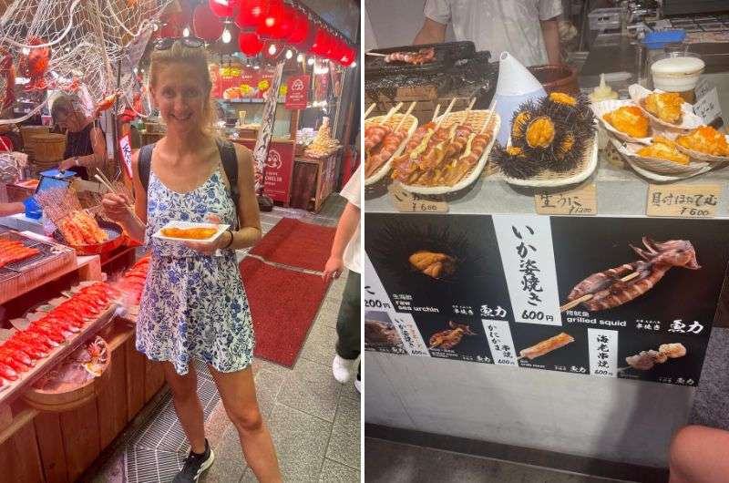 Tasting food on Nishiki Market in Kyoto, Japan