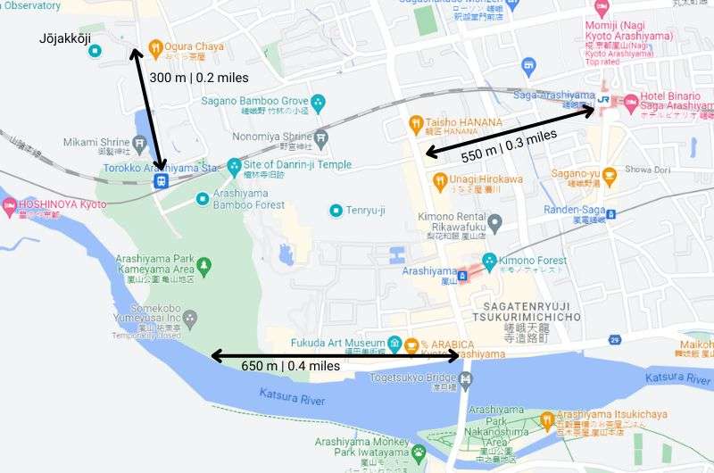 Map showing distances between top things to do in Arashiyama, Japan